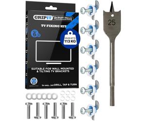 Gripit Blue Heavy-Duty Plasterboard Fixings - TV Mounting Kit - Pack of 6 - Holds Up to 113kg - Reusable Drywall Anchor for TVs, Stud Walls, Kitchen