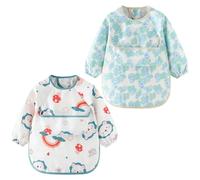 Gripiti Baby Bibs with Long Sleeves 2 Pcs, Waterproof Weaning Bib with Large Pocket Unisex Machine Washable Adjustable Feeding Apron for Infant Toddler (Bear & Lion)