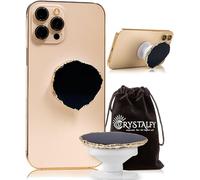 Grips by CRYSTALFY Black/Brown Agate Round Shape Gold Edge Genuine Crystal Phone Grip & Phone Stand Authentic Natural Gemstone Swappable Top, Expandable Collapsible Holder for Smartphones and Tablets