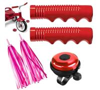 Grips Compatible with Radio Flyer Tricycle, 3/4 Inch Bicycle Grip, Kids Non-Slip-Bicycle Handlebar Grips, 1 Pair Red Tricycle HandlebarGrips and Classic Bike Bell and Bike Streamers Bike Tassels