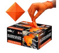 GRIPXX Herkules Grip 8mm Orange Nitrile Gloves, 3D Embossed Diamond Texture, Latex & Powder Free, Industrial, Mechanical (1, Large)