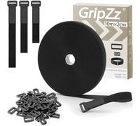 GripZz Reusable Tape, 10 m x 2 cm with 50 Buckles Roll, Adjustable Cable Straps with Loops, Hook Tape for Cut to Size, for Cable Management and Storage