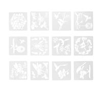 GRIRIW 12 Sheets Reusable Plastic Flower and Bird Painting Stencils Hollow-Out Design for School Wall Projects and Wall Painting, Sturdy and Delicate Square Templates