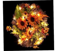 GRIRIW 1pc Artificial Sunflower Wreath with Lights Fall Decor for Living Room Door Lifelike Faux Flower Hanging Decoration No Fading No Wilting for Seasonal Celebrations