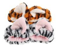 GRIRIW 2 Pcs Makeup Remover Headband with Plush Tiger Ears, Soft and Comfortable Adjustable Elastic Band for Women, for Applying Masks and Spa Face Wash, Cute Hair Accessories in Yellow