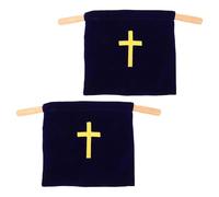 GRIRIW 2pcs Blue Church Offering Bags with Wooden Handles, Elegant Embroidery Design Cross, Sturdy Cloth and Wood Material for Organized Gatherings and Holy Communion Supplies
