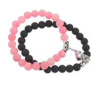 GRIRIW 2pcs Pink Rose Quartz Heart Matching Bracelets Set, Elastic | Heart Charm, Matte Black Finish, Gift Exchange for Anniversaries and Valentine’s Day