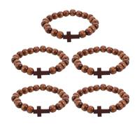 GRIRIW 5pcs Vintage Wooden Bead Cross Bracelet for Women and Men, Rustic Brown Stretchy Wristband with Tiny Cross Pendants, Devotional Accessory for Christmas and Anniversaries