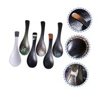 GRIRIW 6Pcs Japanese Ceramic Soup Spoons Heat-Resistant Food Serving Utensils for Ramen Porridge Dessert Appetizers in Snowflake Green Yellow Black White Brush White