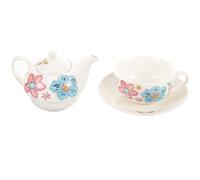 GRIRIW Ceramic Flower Teapot and Tea Cup Set with Saucer Romantic Pink Blue Multi-Function Coffee Mug and Milk Cup for Daily Household Use and