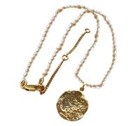 GRIRIW Elegant Pearl Sweater Chain Necklace, Copper Plated Real Gold with Natural Freshwater Pearls, 40+8cm Length, Skin-friendly and Safe, for Daily Wearing and Weddings