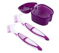 GRIRIW False Teeth Care Brush and Denture Overnight Container, Portable Purple Plastic Set with Holder, Suitable for Denture Cleaning on the Go