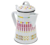 GRIRIW White Geometric Enamel Juices Pot with Handle Non-electric Home Coffee Storing Pot for Tea Milk Hot Water Easy Clean Smooth Surface Unique Ethnic Design Matching Home Decor