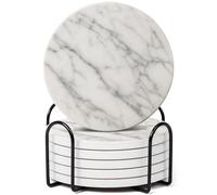 GRISHA Coasters Set of 6 - Homeware Delux White Marble Design Coasters Ceramic - Coasters with Holder and Cork Base,Home accessories,Coaster(Drinks) cup and Table decor,10cm 4inch