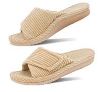 GRITHEIM Womens Orthotic Arch Support Slippers Fluffy Adjustable Orthopedic Slippers for Plantar Fasciitis Furry Supportive Corduroy Memory Foam Open Toe, camel, 6.5 UK