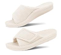 GRITHEIM Womens Orthotic Arch Support Slippers Fluffy Adjustable Orthopedic Slippers for Plantar Fasciitis Furry Supportive Corduroy Memory Foam Open Toe, beige, 7 UK
