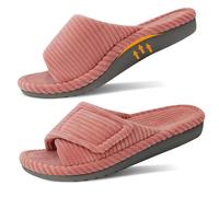 GRITHEIM Womens Orthotic Arch Support Slippers Fluffy Adjustable Orthopedic Slippers for Plantar Fasciitis Furry Supportive Corduroy Memory Foam Open Toe, Pink, 6.5 UK