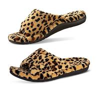 GRITHEIM Women's Orthotic Arch Support Slippers Fuzzy Adjustable Orthopedic Slippers for Plantar Fasciitis Furry Slide Slippers for Ladies, Leopard, 6 UK