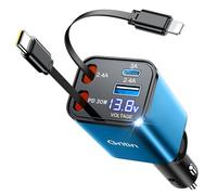 Gritin Retractable Car Charger, 69W Super Fast 4 in 1 USB C Car Charger Adapter with Smart Device-Adaptive Charging Technology&Instant Voltage Display, Accessories for iPhone 16 15,Android etc -Blue