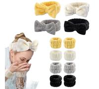 GRITOSE 12 PCS Spa Headband and Wristband Set, Girls Makeup Bow Tie Hair Band Wrist Bands for Washing Face,Teen Girls Sleepover Party Supplies or Gift(White,Blakc,Grey,Yellow)