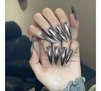 GRITOSE 24 Long Silver Stiletto Style Shiny Reusable Stick On Holiday Nails for Women