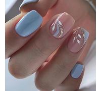 GRITOSE 24 Short Square Nails with Glue, Leaf Design, for Summer, Artificial Acrylic Nails, Self-Adhesive, Holiday, Full Coverage, for Women and