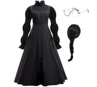 GRIVOS Wicked Witch Women Costume Halloween Black Gothic Dress Vintage Style Role Cosplay Outfit with Wigs Glasses, Black, X-Large