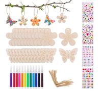 Griwuut 40Pack Wooden Butterfly Flower - Ideal for DIY Paint Crafts, Educational Creative Set with Watercolor Pencils & Gemstone Stickers, Perfect for Birthday Gift