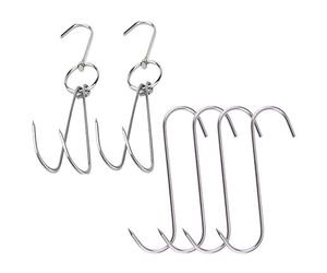 Grizef 2pcs 10inch Stainless Steel Roast Duck Double Meat Hooks + 4pcs 5 inch S-Hooks for Bacon Hams Meat Processing Butcher Hook Hanging Drying BBQ Grill Cooking Smoker Hook Tool （6pcs）