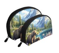 Grizzly Bear and Cub Snow Mountain Forest Printed Makeup Bags 2-Piece Portable Shell Travel Toiletry Bag