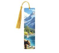 Grizzly Bear and Cub Snow Mountain Forest Unique Double-Sided Artwork Printed Wooden Bookmarks, Artistic Book Accessories Birthday Presents for Men Women Presents for Book Lovers