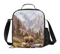 Grizzly Bear Lunch Box - Insulated Lunch Bag for Kids with Side Pocket & Shoulder Strap Snack Bags, Perfect for School/Camping/Pic