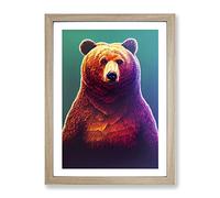 Grizzly Bear No.1 Framed Print | A4 Oak Framed Wall Art | Ready to Hang | Modern Animal Picture | Living Room Bedroom Lounge Office