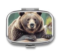 Grizzly Bear Pill Organizer Small Pill Box with Two Compartments Pill Case Metal Medicine Organizer Portable Medicine Box Holder Medication Holder Travel Pill Container