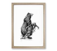 Grizzly Bear & Stag Illustration in Black & White Framed Print | A2 Oak Framed Wall Art | Ready to Hang | Modern Animal Picture | Living Room Bedroom Lounge Office