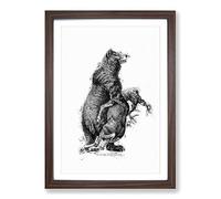 Grizzly Bear & Stag Illustration in Black & White Framed Print | A2 Walnut Framed Wall Art | Ready to Hang | Modern Animal Picture | Living Room Bedroom Lounge Office
