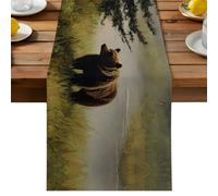 Grizzly Bear Table Runner, Rustic Foggy Misty Forest Brown Green Landscape Animal Cotton and Table Linen Runner for Kitchen Dining Home Decor for Party Festival Holiday Decoration Gift 13x48in