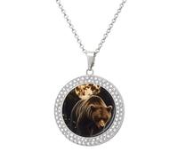 Grizzly Bear Walking Through Forests Round Pendant Necklace Diamond Edging Brilliant Personalized Jewelry Gifts for Women Silver-style
