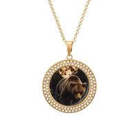 Grizzly Bear Walking Through Forests Round Pendant Necklace Diamond Edging Brilliant Personalized Jewelry Gifts for Women Golden-style