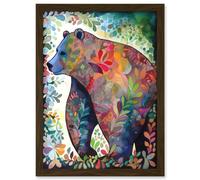 Grizzly Bear With Botanical Patterns Folk Art Watercolour Painting Artwork Framed Wall Art Print A4 Artery8 Brown One Size