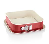 Grizzly Springform Square Cake Tin - 9" x 9" (24 x 24 cm), Red and Cream, Overflow Protection, Non-Stick