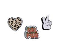 GRL PWR Themed Gift Set Collection Of 3 Pin Badges Including GRL PWR (Girl Power), Leopard Print Heart, V for Victory