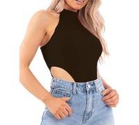 GRMBERA Women's Sleeveless Mock Neck Bodysuit High Cut Bodycon Bodysuit Leotard - Black - M