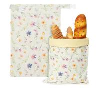 GROBRO7 2Pcs Beeswax Bread Bags for Homemade Sourdough Bread Storage, Reusable Bees Wax Food Wraps, Large Natural Cotton Lining Freezer Container for Keep Fresh Kitchen Bakery Essentials, Wildflowers