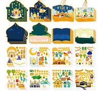 GROBRO7 49Pcs Ramadan Scene Stickers with Ropes Eid Mubarak DIY Paper Craft Kits, Mosque Moon Star Coconut Tree Camel Hanging Decorations, Muslim Religious Theme Gift for Trees Window Wall Decor