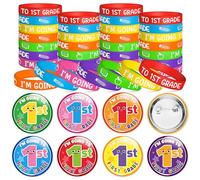 GROBRO7 56Pcs Kindergarten Graduation Gift Party Favor Set, 28 Graduation Silicone Bracelet Stretch Wristband and 28 Button Pins Badges for Kid Teacher School Ceremony Congratulation Supplies(Grade 1)