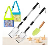GROBRO7 5Pcs Beach Sand Sifter with Seashell Bag and Filter Sand Scooper, Shark Tooth Sifter Mesh Shovel with Retractable Long Handle for Beach Tools Shell Collecting Picking Up Rock Hunting