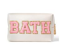 GROBRO7 Bath Patch Cosmetic Bag PU Large Capacity Travel Toiletry Bags, Gold Waterproof Varsity Letter Bag with Zippers for Makeup Washing Nursing, Easy to Carry Business Trip Holiday Essentials
