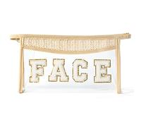 GROBRO7 Clear Toiletry Bag Patch FACE Varsity Letter Bag, Boho Beige Waterproof PVC Travel Cosmetic Bags with Zippers for Makeup Washing Nursing, Easy to Carry Business Trip Holiday Essentials