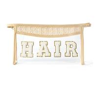 GROBRO7 Clear Toiletry Bag Patch Hair Varsity Letter Bag, Boho Beige Waterproof PVC Travel Cosmetic Bags with Zippers for Makeup Washing Nursing, Easy to Carry Business Trip Holiday Essentials